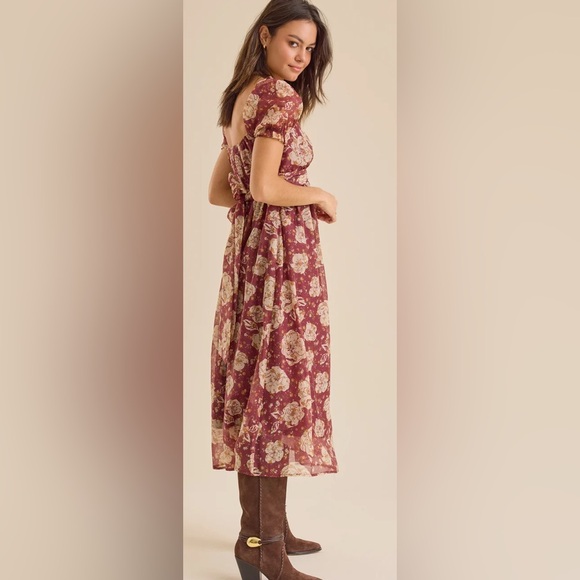 Altar’d State Burgundy & Cream Chiffon Floral Midi Dress by Blue Pepper Size M - Picture 3 of 9